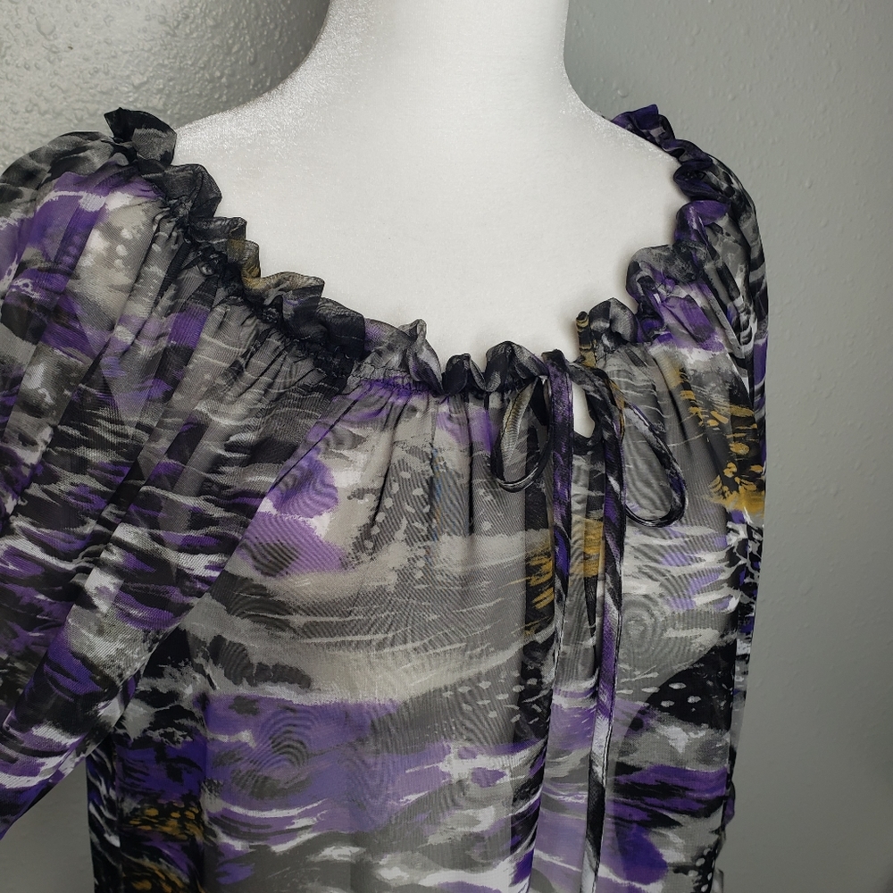 Romeo & Juliet couture sheer ruffled purple animal print blouse size small - Picture 8 of 11
